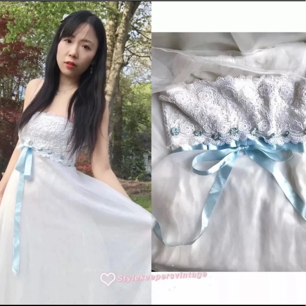💖Gunne Sax💖Style Romantic Bridal Ivory Blue Ribbon Eyelet Lace Dress Sz S 💐 - Picture 2 of 10
